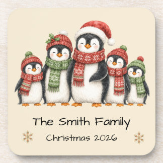 Christmas Penguin Family Personalised Coaster