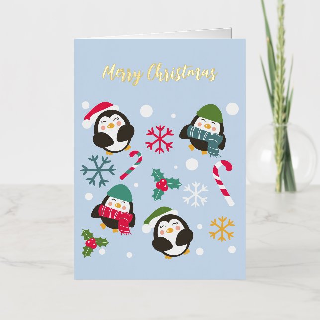 Christmas Penguin Foil Greeting Card (Front)