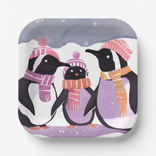 Christmas Penguin Friends Winter Watercolor Paper Plate