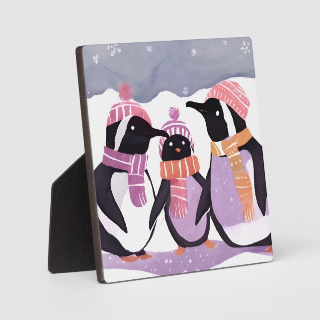 Christmas Penguin Friends | Winter Watercolor Plaque (Front)