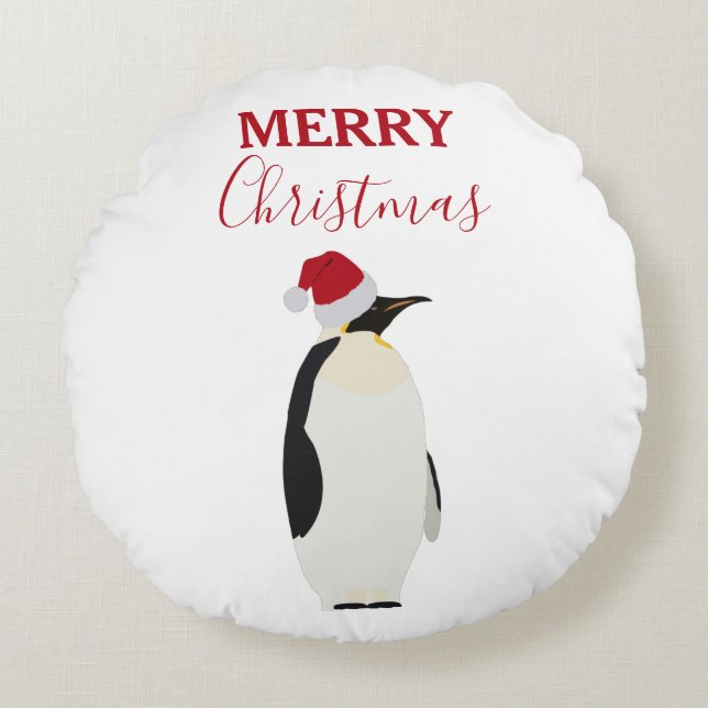 Christmas Penguin Funny Animal with Santa Hat  Round Cushion (Front)