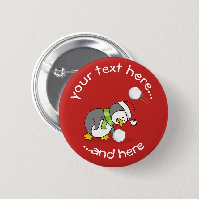 Christmas penguin getting a snow ball 6 cm round badge (Front & Back)
