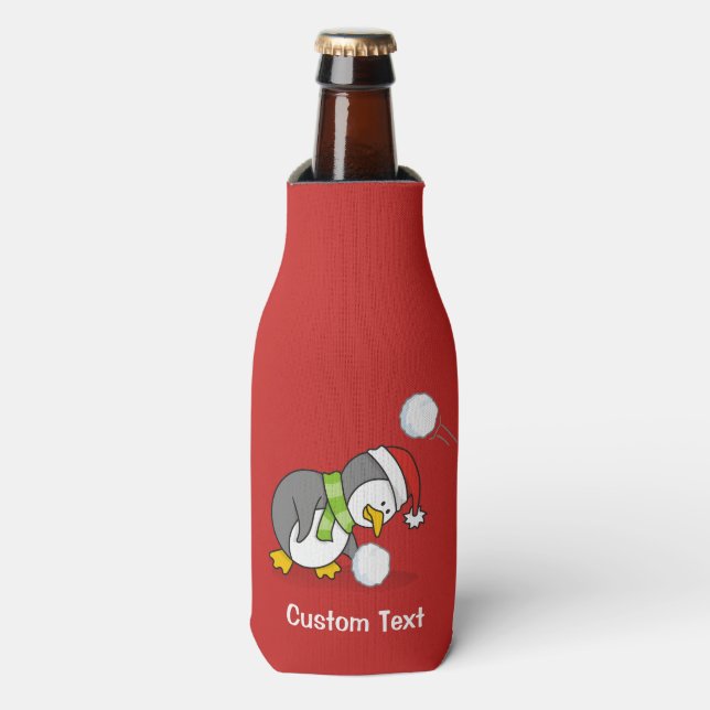 Christmas penguin getting a snow ball bottle cooler (Bottle Front)