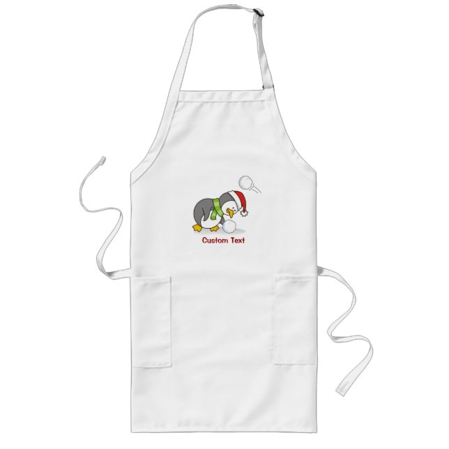 Christmas penguin getting a snow ball long apron (Front)
