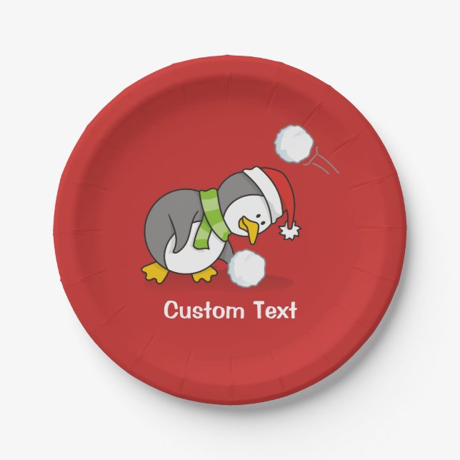Christmas penguin getting a snow ball paper plate (Front)