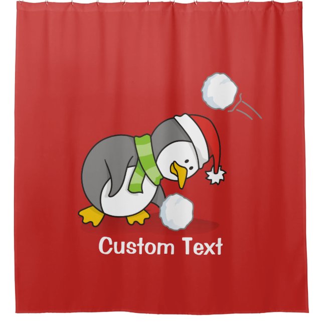 Christmas penguin getting a snow ball shower curtain (Front)