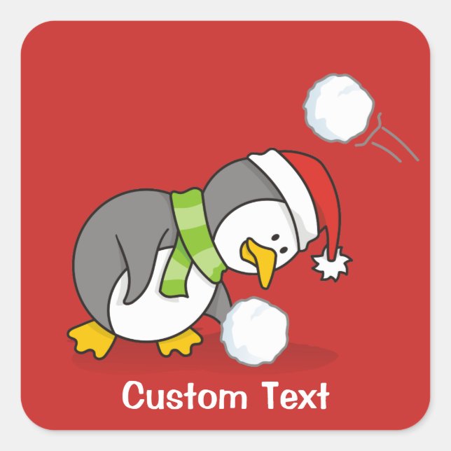 Christmas penguin getting a snow ball square sticker (Front)