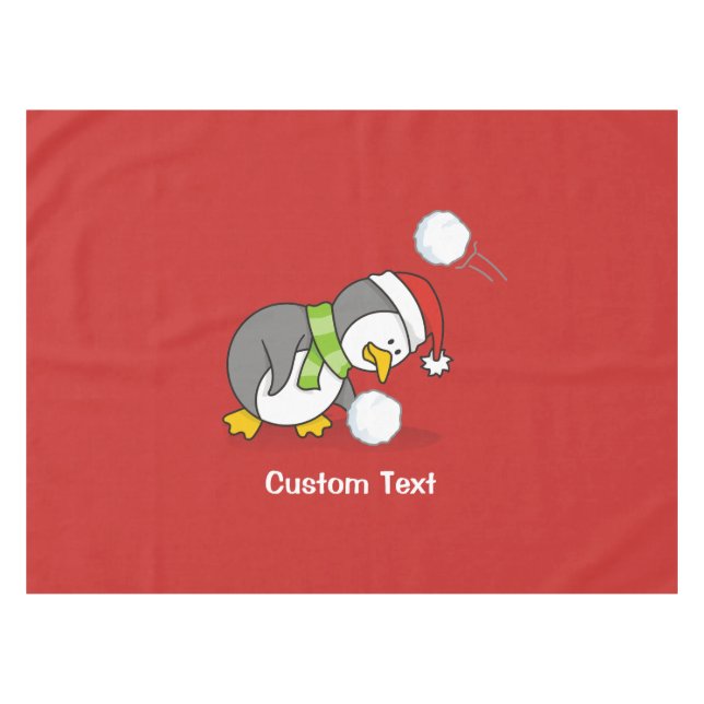 Christmas penguin getting a snow ball tablecloth (Front (Horizontal))