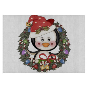 Christmas Penguin Holiday Wreath Cutting Board