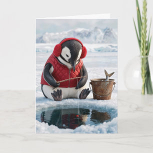 Christmas Penguin Ice Fishing on an Arctic Glacier Card