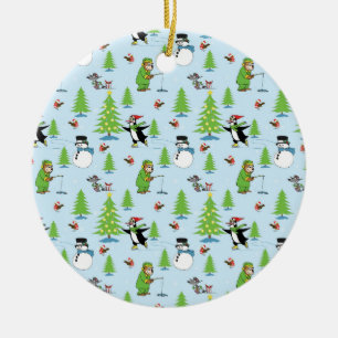 Christmas penguin ice skating and bear fisherman ceramic ornament