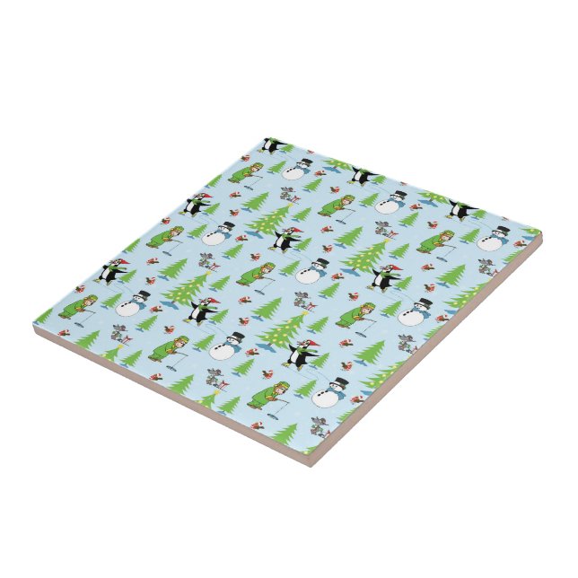 Christmas penguin ice skating and bear fisherman ceramic tile (Side)