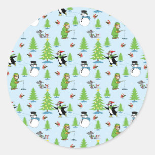Christmas penguin ice skating and bear fisherman classic round sticker