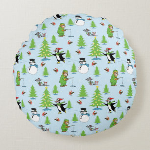 Christmas penguin ice skating and bear fisherman round cushion
