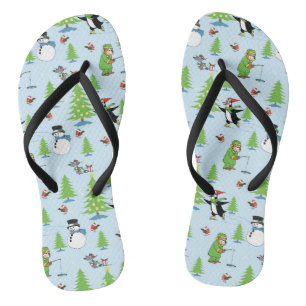 Christmas penguin ice skating and bear fisherman thongs