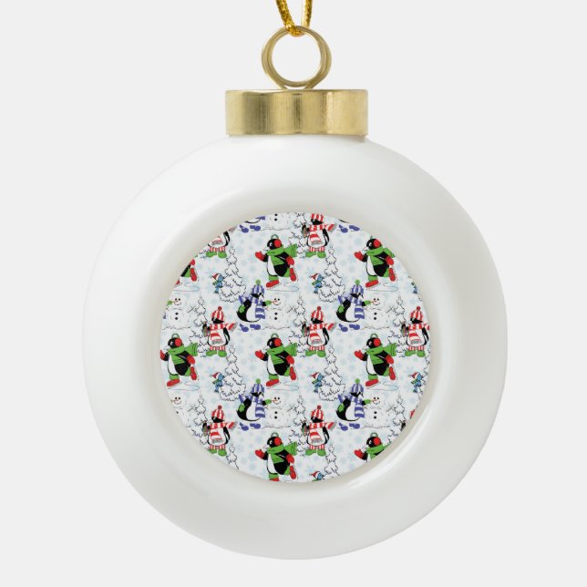 Christmas penguin ice skating ceramic ball christmas ornament (Front)
