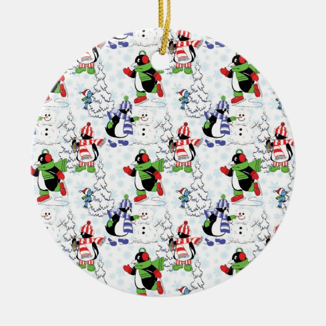 Christmas penguin ice skating ceramic ornament (Front)