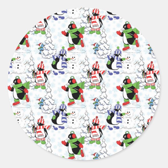 Christmas penguin ice skating classic round sticker (Front)