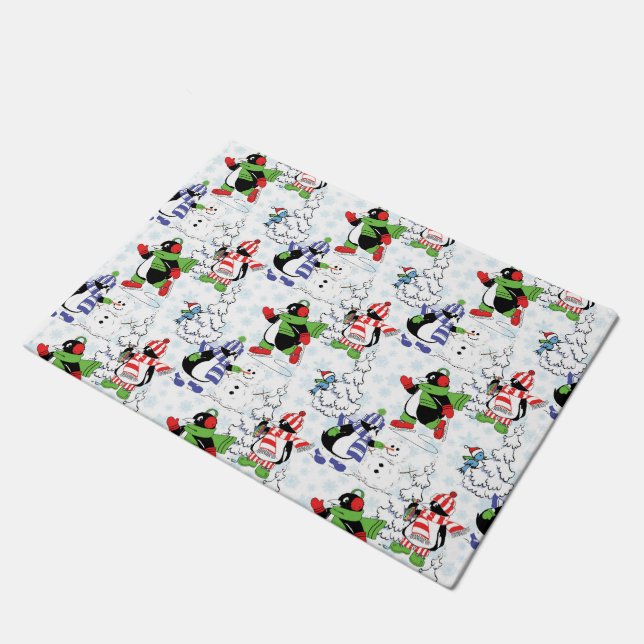 Christmas penguin ice skating doormat (Angled)