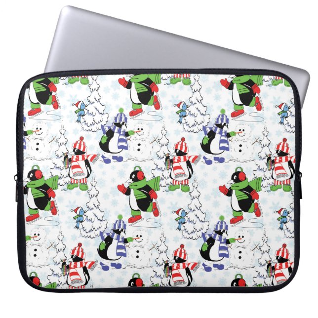Christmas penguin ice skating laptop sleeve (Front)