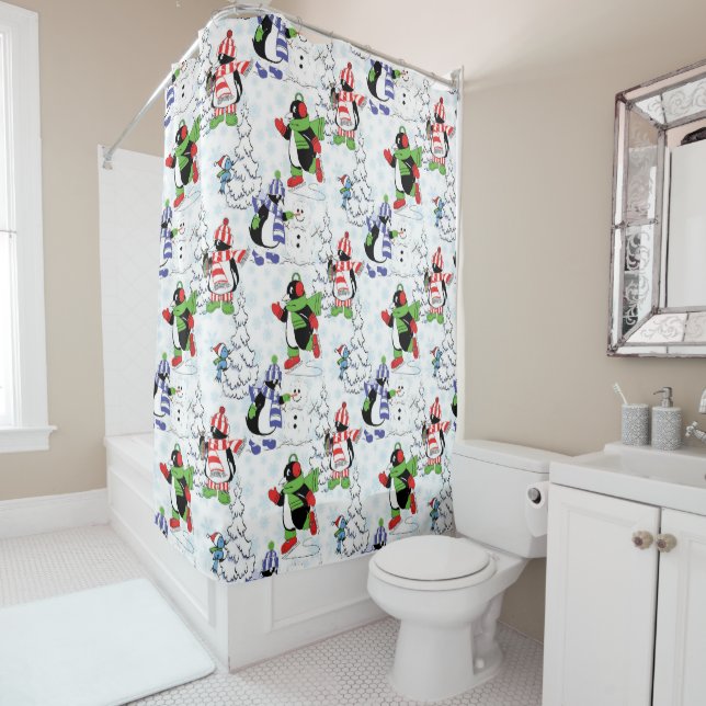Christmas penguin ice skating shower curtain (In Situ)