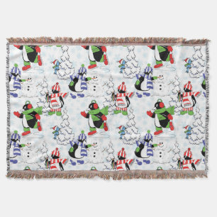 Christmas penguin ice skating throw blanket