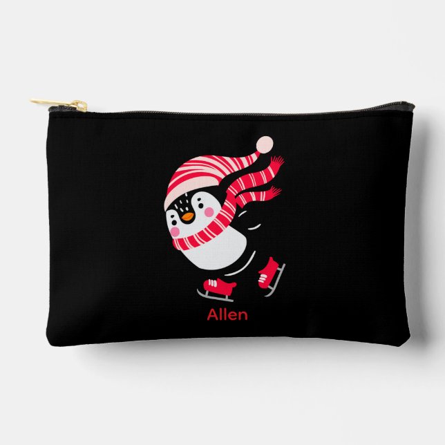 Christmas Penguin in a Hat and Scarf on Skates Accessory Pouch (Front)