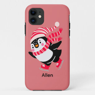 Christmas Penguin in a Hat and Scarf on Skates iPhone 11 Case