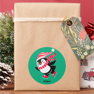 Christmas Penguin in a Hat and Scarf on Skates Classic Round Sticker