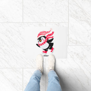 Christmas Penguin in a Hat and Scarf on Skates Doormat