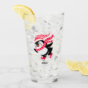 Christmas Penguin in a Hat and Scarf on Skates Glass