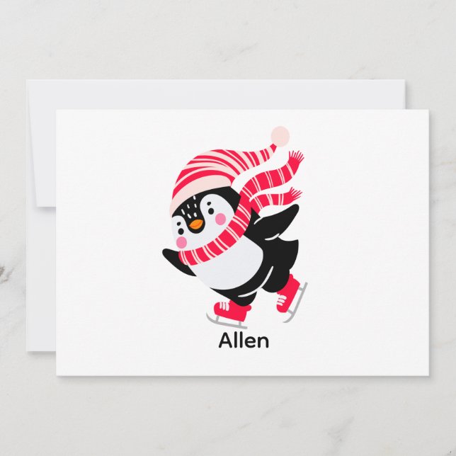 Christmas Penguin in a Hat and Scarf on Skates Holiday Card (Front)