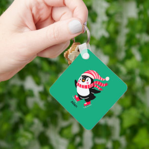 Christmas Penguin in a Hat and Scarf on Skates Key Ring