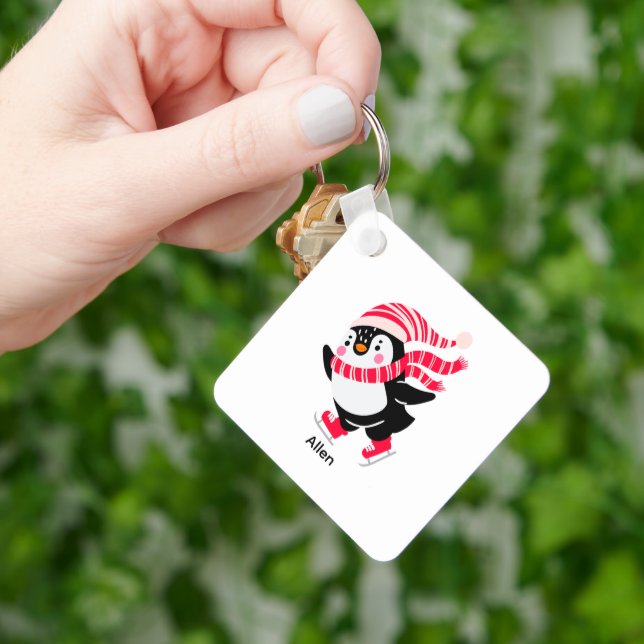 Christmas Penguin in a Hat and Scarf on Skates Key Ring (Hand)