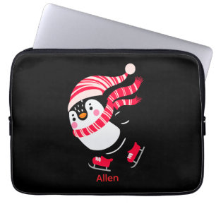 Christmas Penguin in a Hat and Scarf on Skates Laptop Sleeve