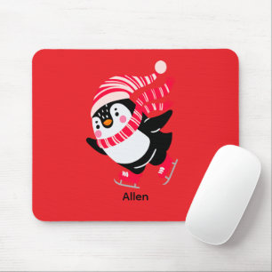 Christmas Penguin in a Hat and Scarf on Skates Mouse Pad