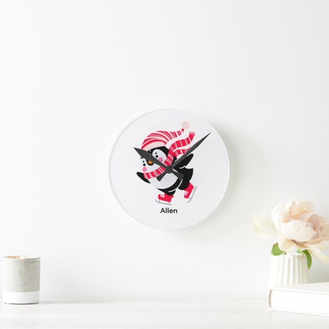 Christmas Penguin in a Hat and Scarf on Skates Round Clock (Home)