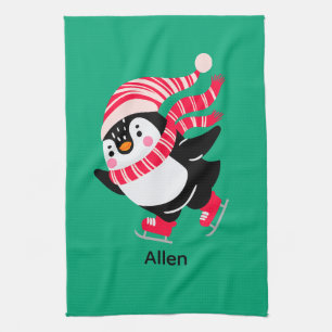 Christmas Penguin in a Hat and Scarf on Skates Tea Towel
