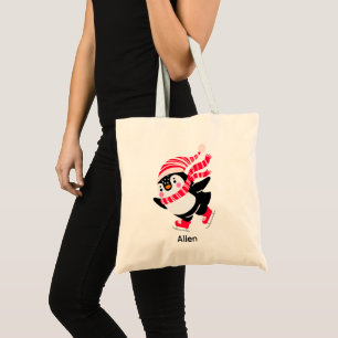 Christmas Penguin in a Hat and Scarf on Skates Tote Bag