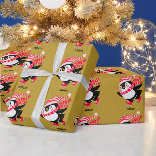 Christmas Penguin in a Hat and Scarf on Skates Wrapping Paper
