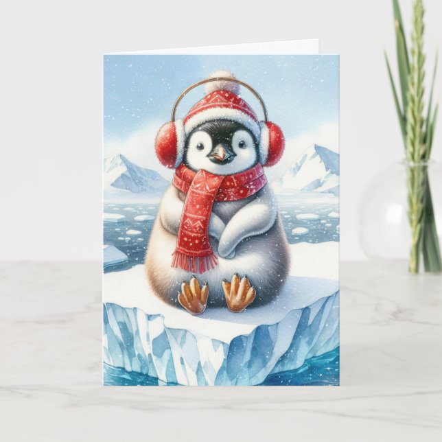 Christmas Penguin In Snowflakes Card (Front)