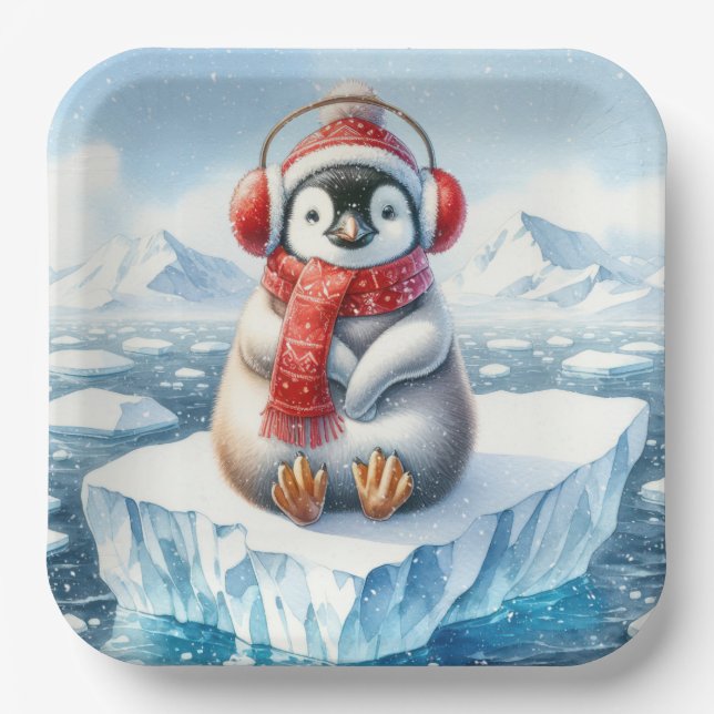 Christmas Penguin In Snowflakes Paper Plate (Front)
