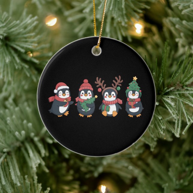 Christmas Penguin Lover Cute Animals Family Xmas Ceramic Ornament (Tree)