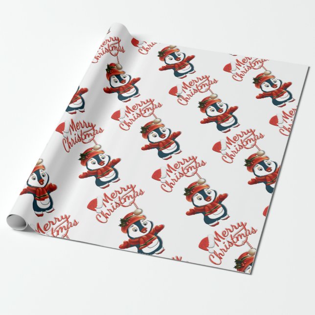 Christmas Penguin Matte Wrapping Paper, 30" x 6' Wrapping Paper (Unrolled)