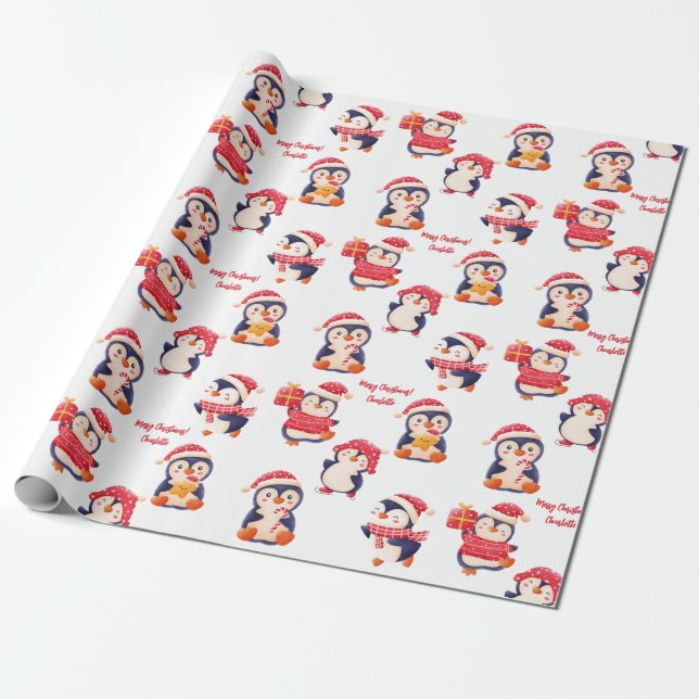 Christmas Penguin Name Wrapping Paper (Unrolled)