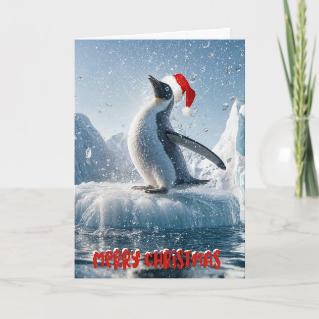 Christmas Penguin On An Iceberg Holiday Card (Front)