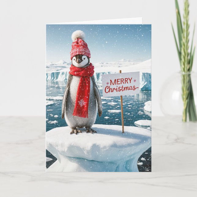 Christmas Penguin On An Iceberg Holiday Card (Front)