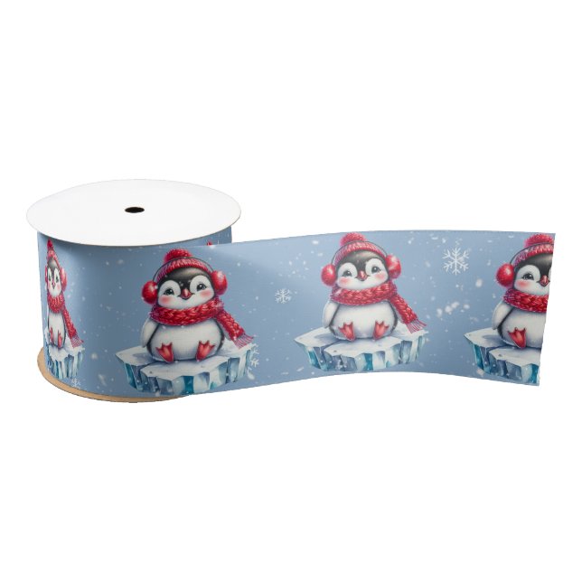 Christmas Penguin On an Iceberg Satin Ribbon (Spool)