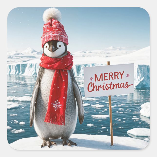 Christmas Penguin On An Iceberg Square Sticker (Front)