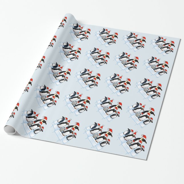 Christmas Penguin Party Wrapping Paper (Unrolled)
